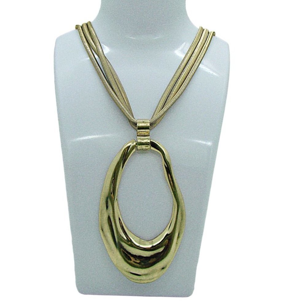 Chicos Multistrand Necklace Abstract Large Oval Pendant 40" Adjustable Gold Tone